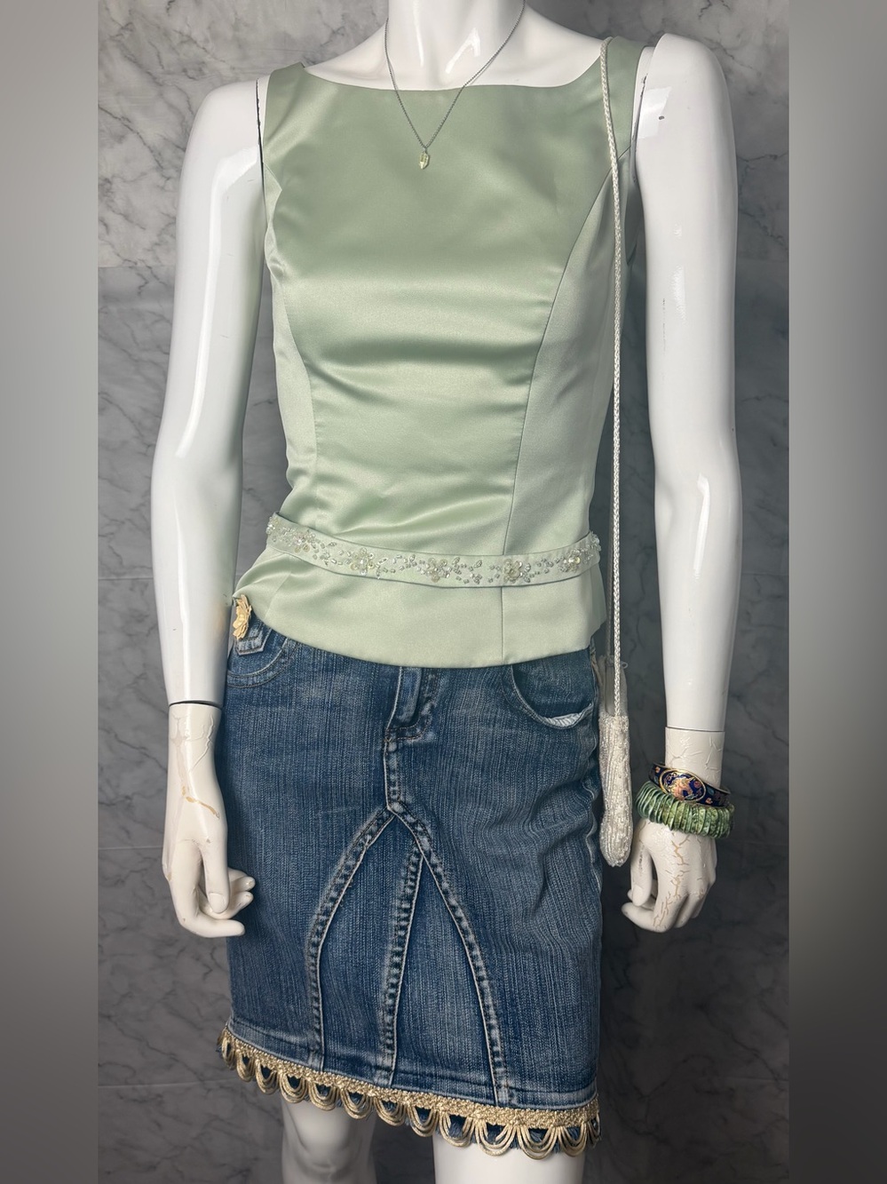 Pistachio Light Green Structured Beaded Belt Waist Tank Top Dressy Classy 4